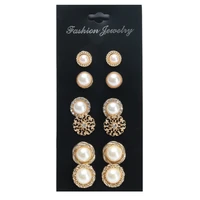 gold color flower hollow stud earring vintage crystal simulated pearl earrings set for women wedding jewelry 6 pairsset