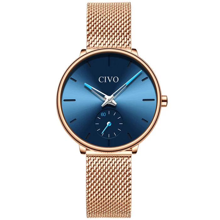 mesh blue women CIVO Роскошные повседневные водонепроницаемые часы для женщин на плетеном ремешке из нержавеющей стали с покрытием розовым золотом. Бренд Relogio Feminino - Color: mesh blue women