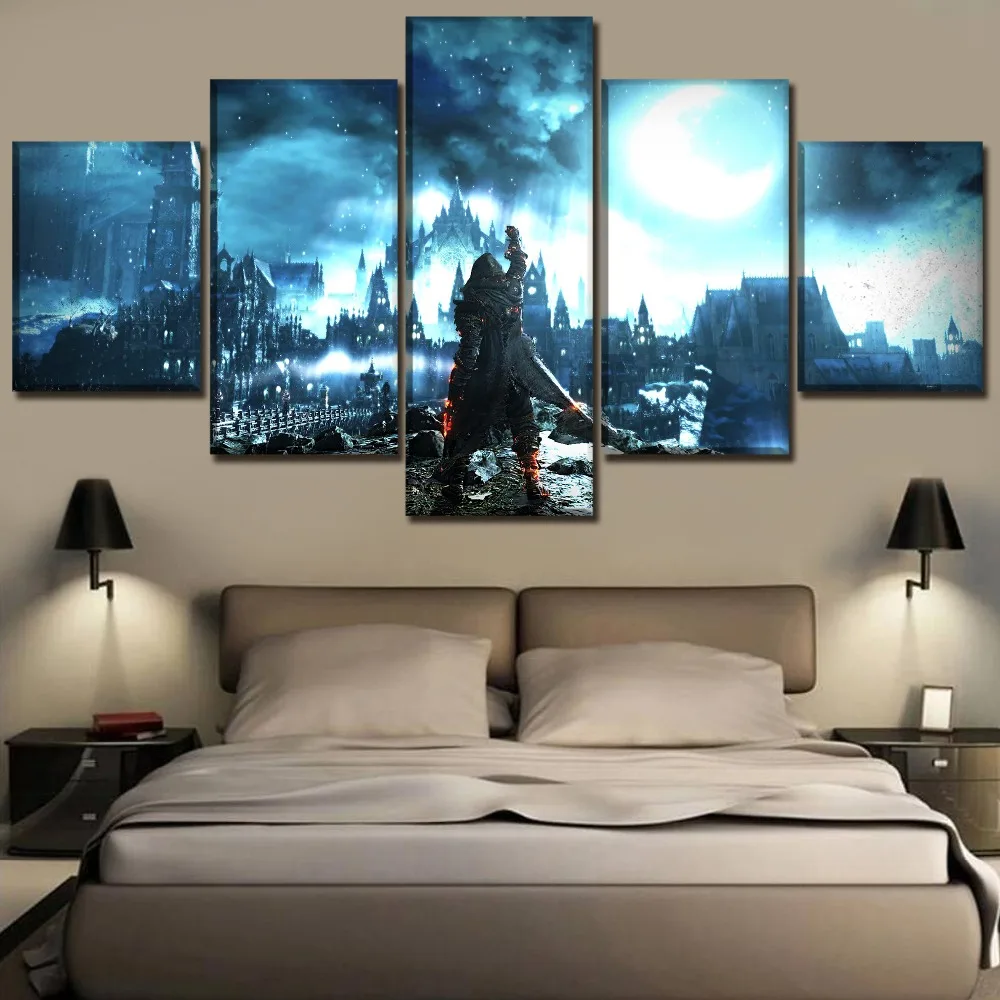 Один набор из 5 панельных игр Dark Souls III Ночной пейзаж и изображение воина