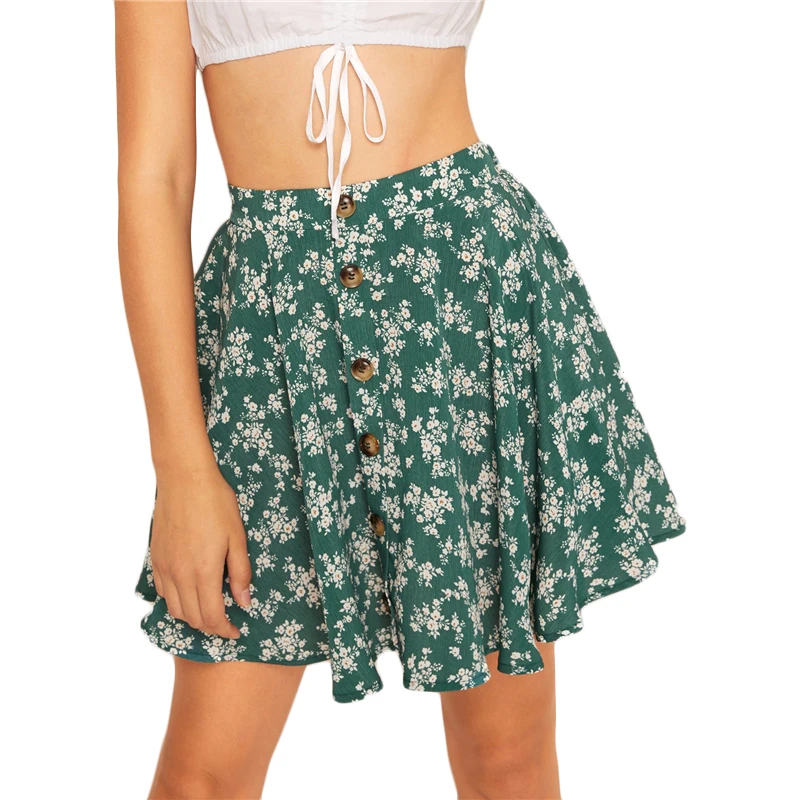 SHEIN, зеленые, с растительным принтом, на пуговицах, Свинг, средняя талия, расклешенные юбки, женские, летние, элегантные, богемные, повседневные, мини, юбка для скейтера