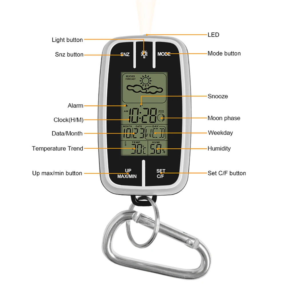 

Weather Station Forecast With LED Light Compass Temperature And Humidity Records Mini Portable Hygrometer Hanging Key Buckle
