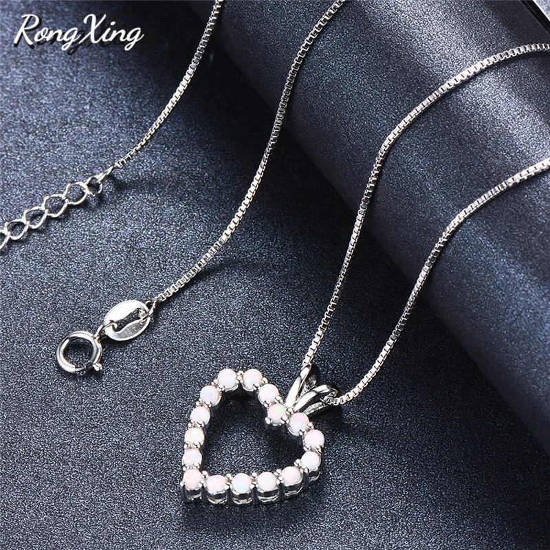RongXing Fashion Full Stone Heart Pendants White Fire Opal Birthstone Necklaces For Women Silver Color Choker Jewelry New | Украшения и