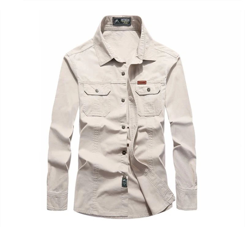 TACVASEN Men Cargo Shirts Summer Long Sleeve Cotton Work Shirts Military Army Tactical Shirts Solid Loose Man Clothing Plus Size