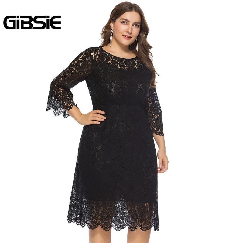GIBSIE 6XL Для женщин элегантные кружевные вечерние платье Повседневное туника с рукавом три четверти Длина рукавами трапециевидной формы миди платье размера плюс Женская одежда