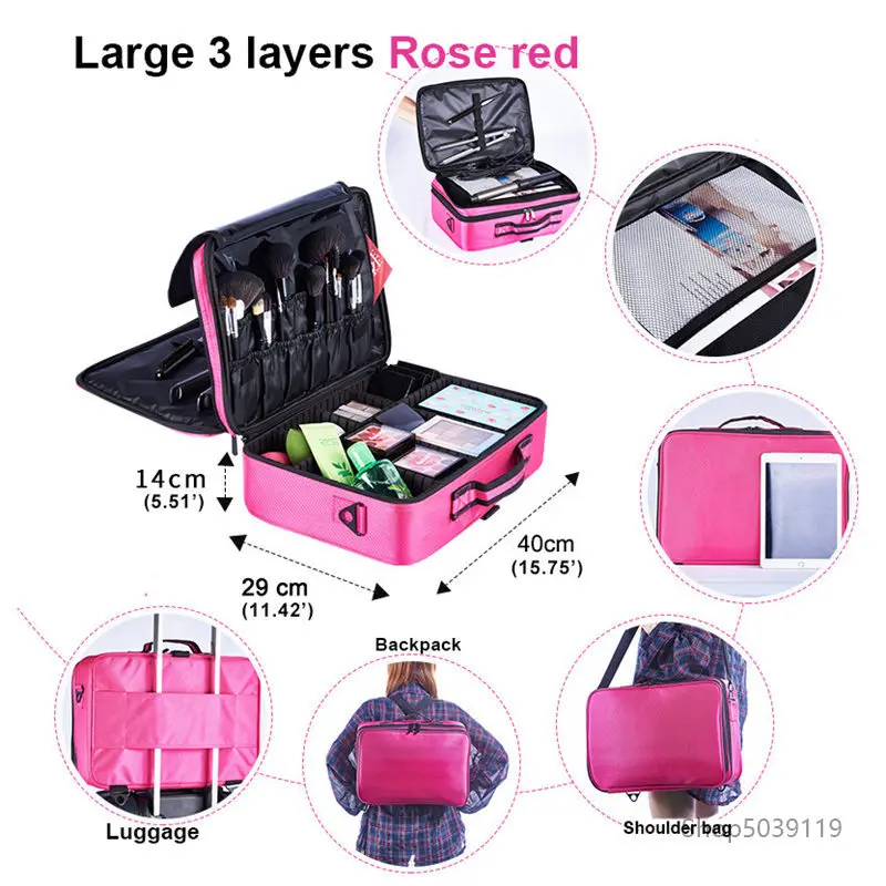 Large 3 layers pink Органайзер для макияжа чехол для костюма s Многоэтажный большой профессиональный косметический чехол для косметики чехол для макияжа чехол для костюма макияж - Цвет: Large 3 layers pink