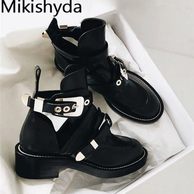 

Punk Booties Buckle Straps Thick Heel Black Tobillera Mujer Cut Out Woman Boot Motorcycle Brand Designers Round Toe Summer Shoes