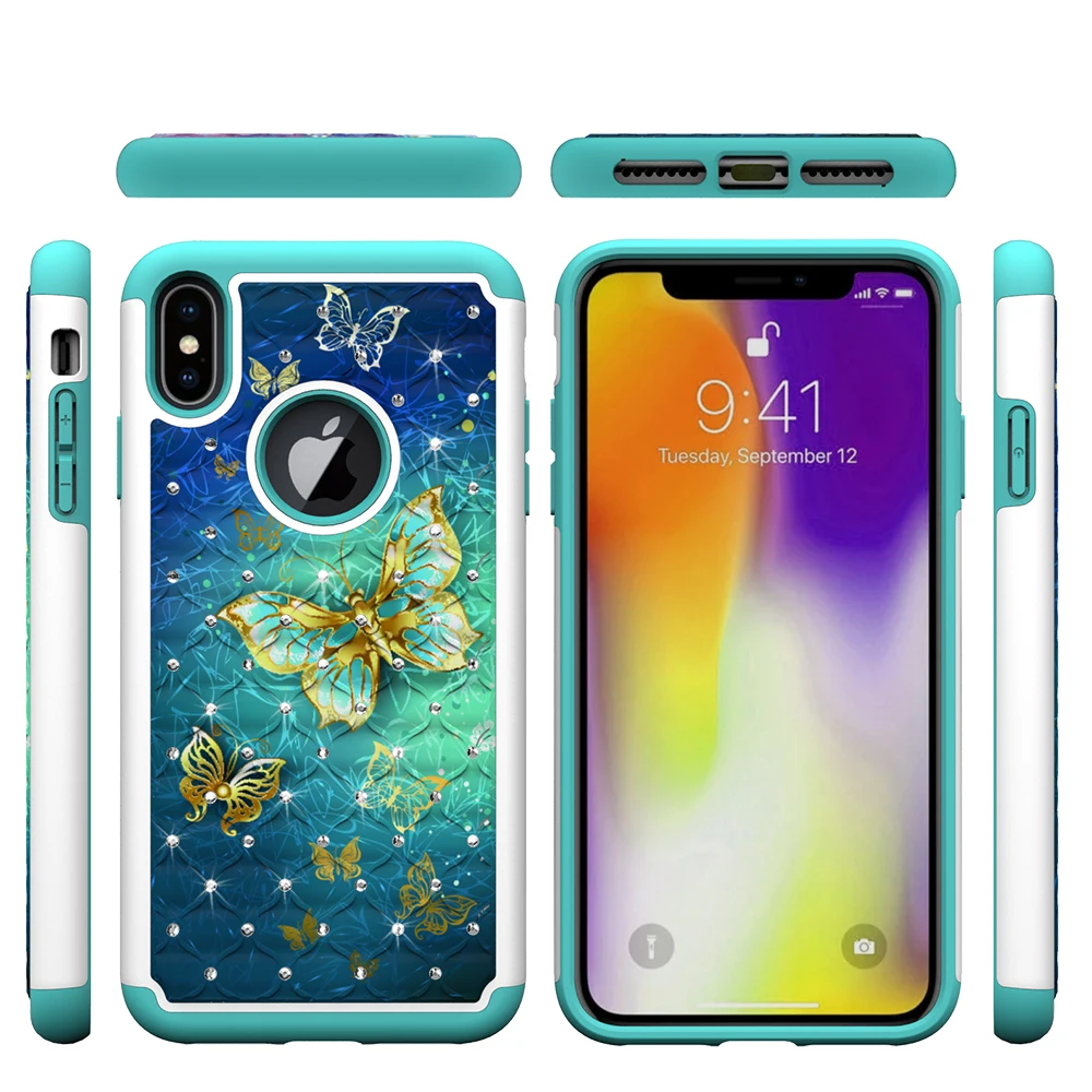 Чехол для телефона Iphone XR Xs Max X 2 в 1 с блестящими кристаллами Ударопрочный Мягкий