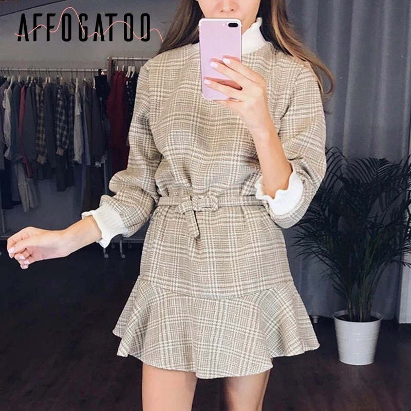 Женское винтажное клетчатое платье afogatoo элегантное Трикотажное короткое с