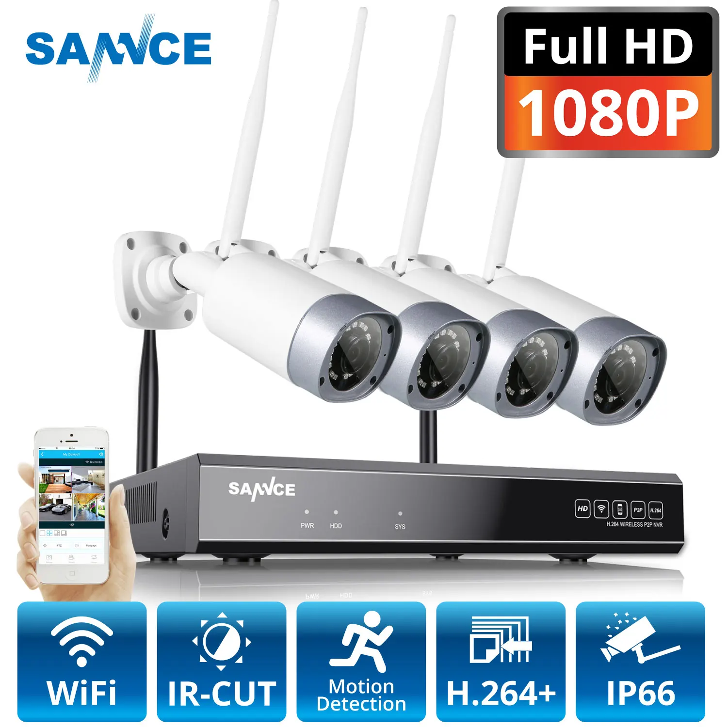 SANNCE 1080P 8CH Беспроводная система охранной камеры 4 шт 2MP Всепогодная домашняя Wifi