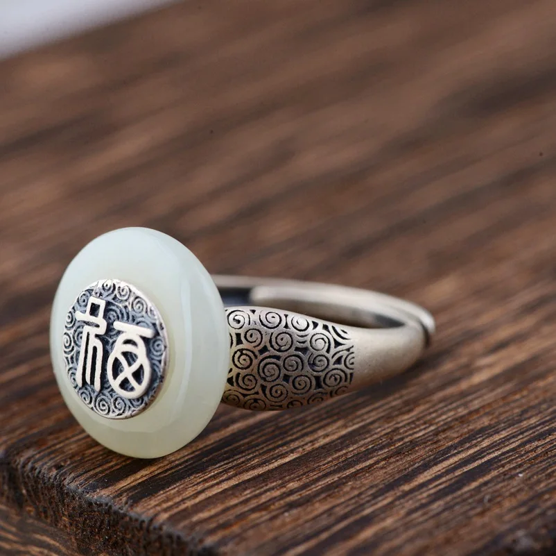

S925 silver Vintage craft women's models natural stones safety buckle ring
