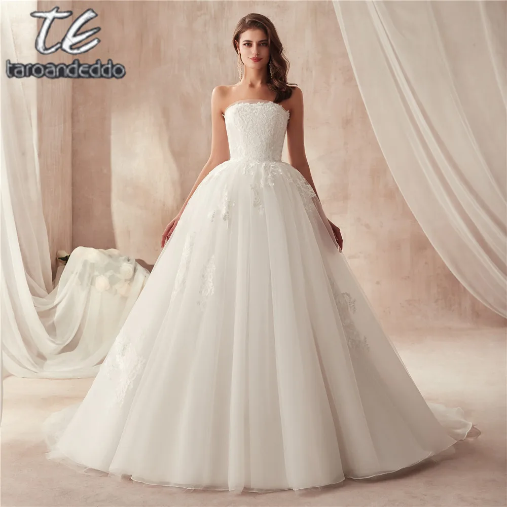 

Pretty Organza Strapless Ball Gowns Wedding Dress Lace Applique Lace Up Back Bridal Dress Vestido De Noiva 2021