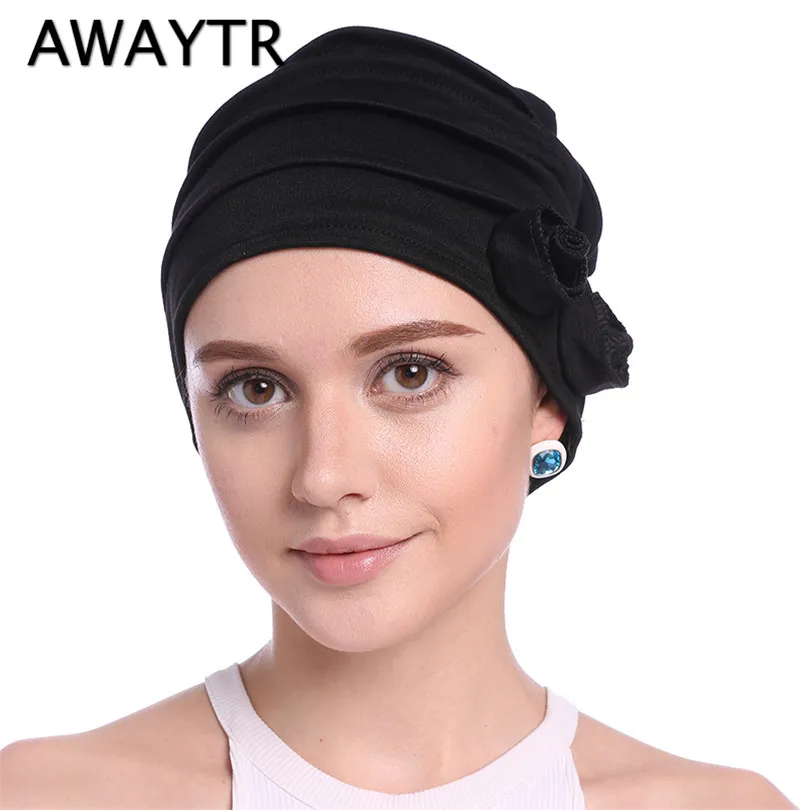 AWAYTR, 1 шт., женские модные банданы, осенне-зимний шарф, эластичная повязка на голову, тюрбан с цветком, шапка, мусульманские украшения для волос