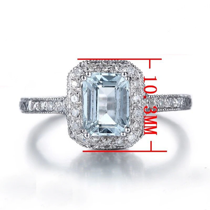 Одноцветное 10K белое золото безупречное Изумрудное кольцо 7x5 мм 1.23ct Аквамарин