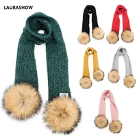 laurashow kids winter chenille scarf real 14cm raccoon mink fur ball pom poms baby girls boys warm scarves wraps