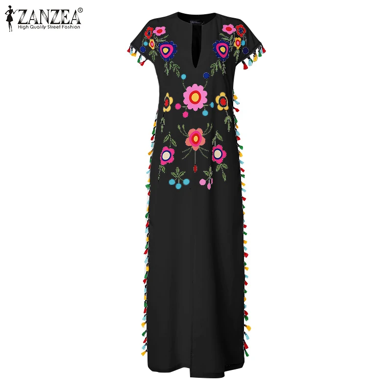 ZANZEA Plus Size Bohemian Floral Printed Sundress Women Summer Short Sleeve Split Hem Long Vestido Robe Casual Tassels Dress