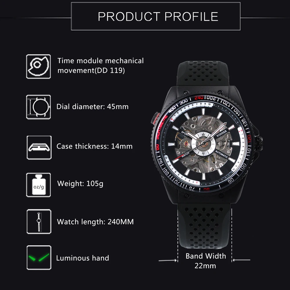 Часы наручные WINNER Мужские механические брендовые автоматические в стиле