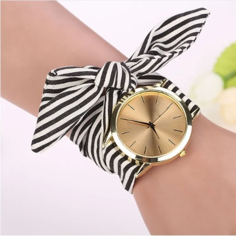 Женские часы, Relojes Mujer, Летний стиль, модные женские часы в полоску, цветочная ткань, кварцевые часы с циферблатом, браслет, наручные часы