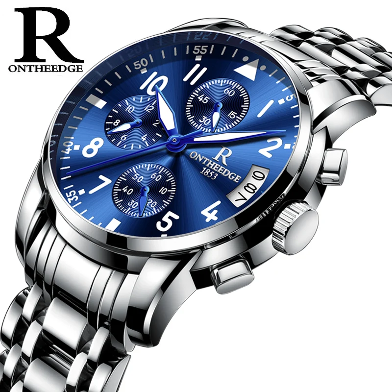 

ONTHEEDGE Luxury Chronograph Watches Men Solid Stainless Steel Men's Quartz Watch Man Sports Military Wrist Watch erkek saat