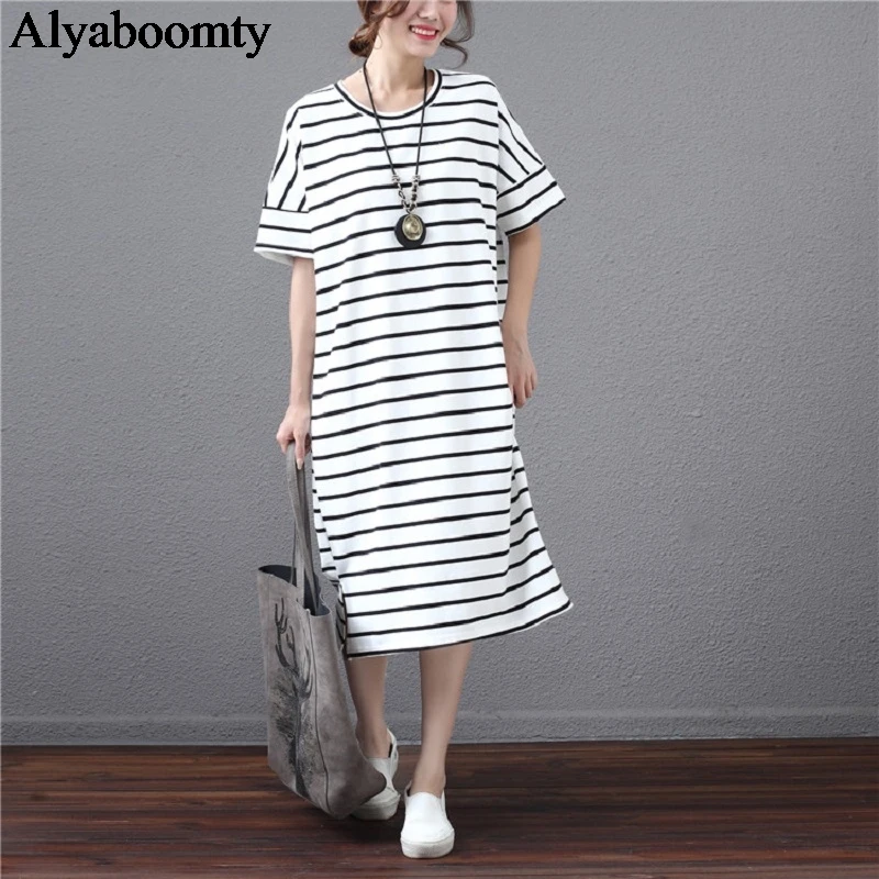 Корейский стиль летнее женское платье большого размера разноцветное Полосатое