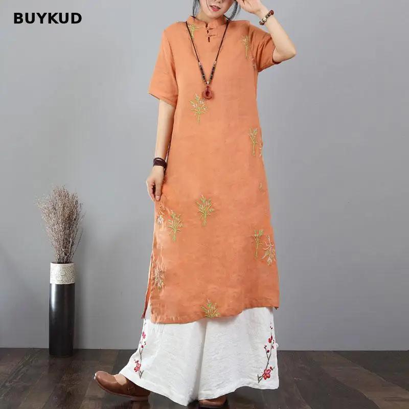 BUYKUD 2018 Новый стенд воротник Изделие из хлопка с короткими рукавами льняные