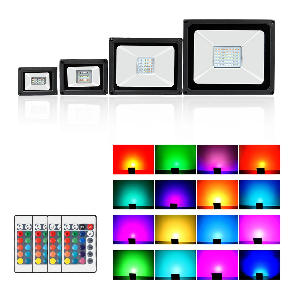 Светодиодный точечный светильник на открытом воздухе RGB прожектор светильник мощностью 10 Вт, 20 Вт, 30 Вт, 50 Вт AC 220V отражатель с лампой Цвет пульт дистанционного управления