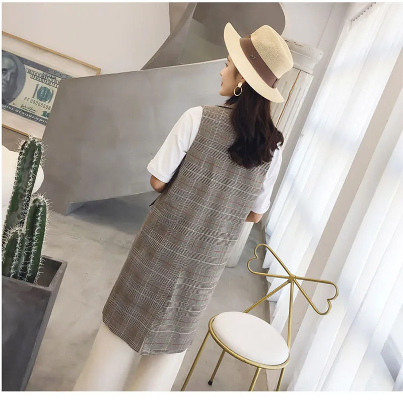 

Vintage plaid long double breasted women coat vest