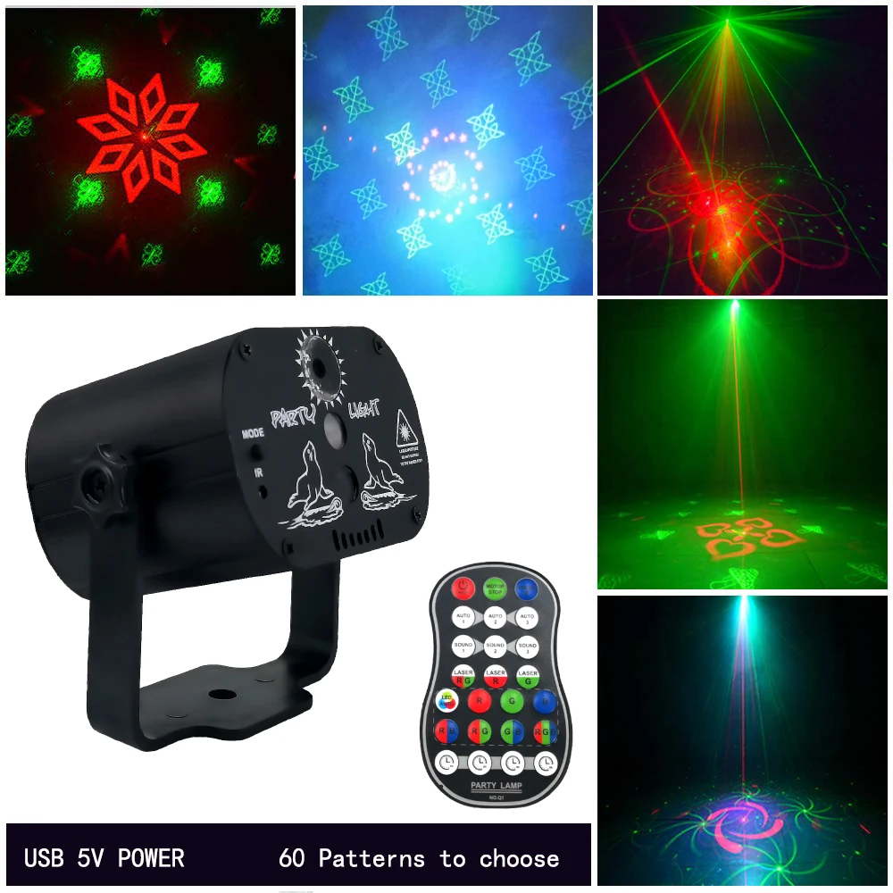 60 узоров RGB светодиодный светильник для дискотеки 5 В USB подзарядка лазерный