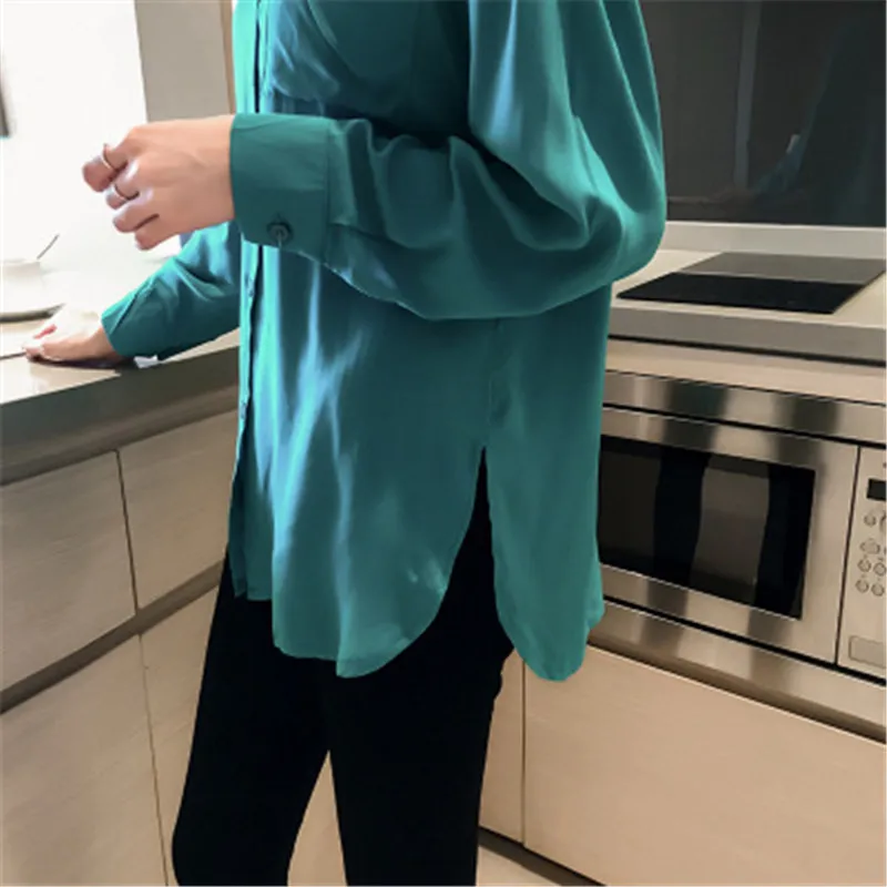 2019 Blusa женская блузка элегантная Красная Зеленая атласная рубашка с отложным