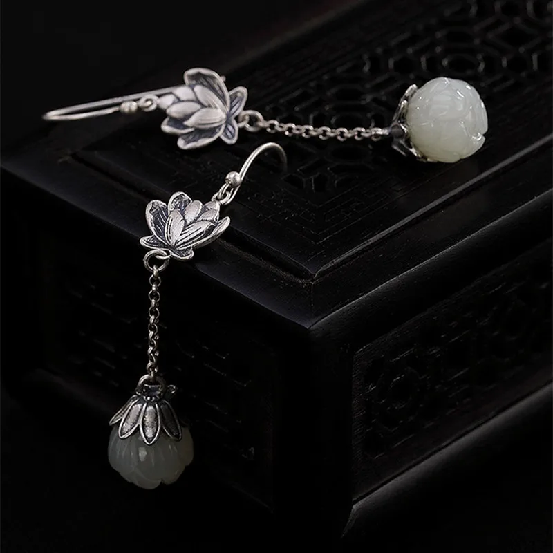Uglyless 100% Real 925 Sterling Handmade Lotus Earrings Natural White Jade Flower Fine Jewelry Thai Silver Ethnic Brincos Bijoux | Украшения