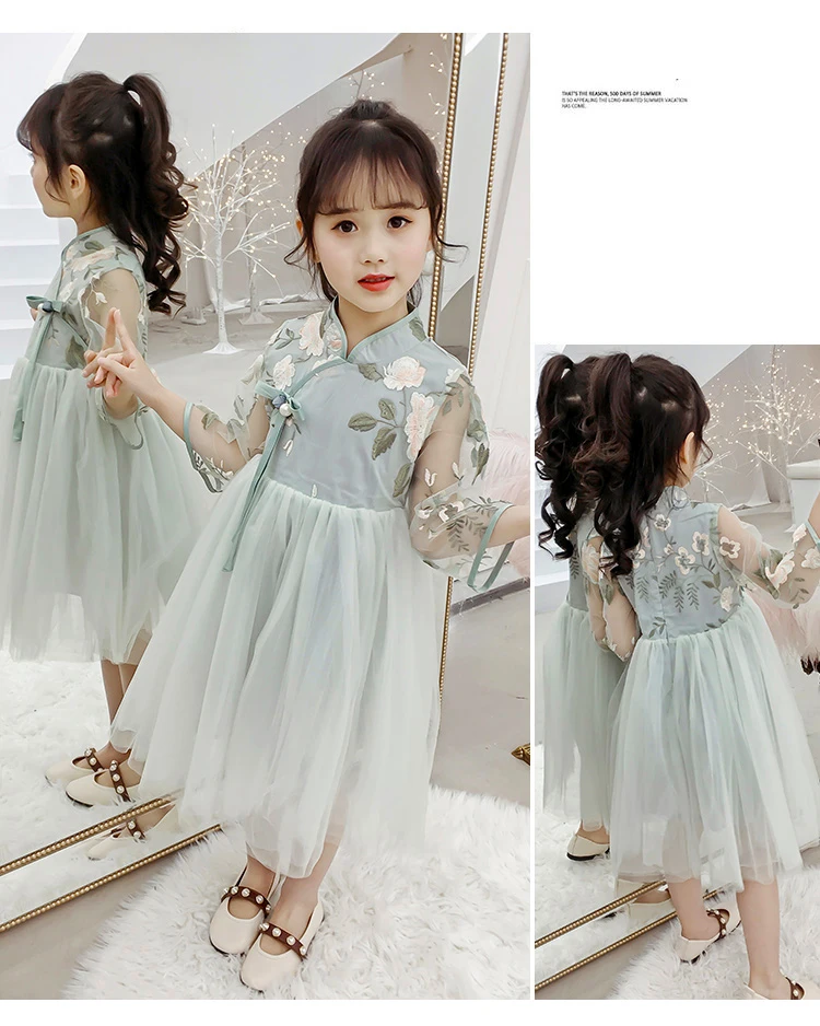 Traditional chinese dress stand collar flower girl dresses peony embroidery elegant clothes three quarter flare sleeve 4-11T kid | Детская