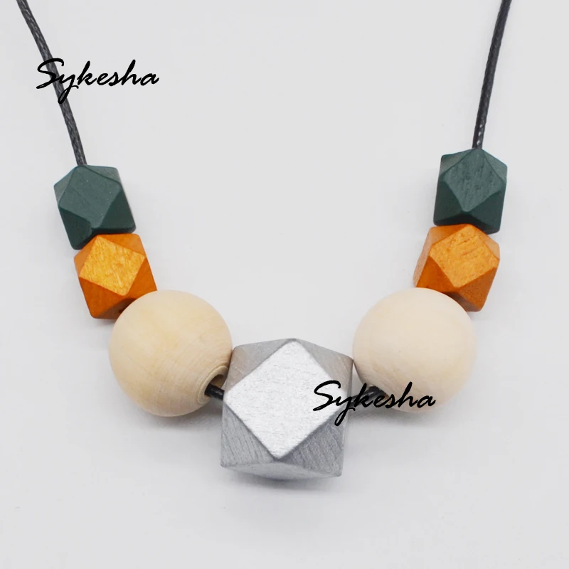  New Hot Selling Wood Geometric Beaded Necklace Chunky Faceted Wooden Beads Wax Cord Colorful Charm Statement | Украшения и