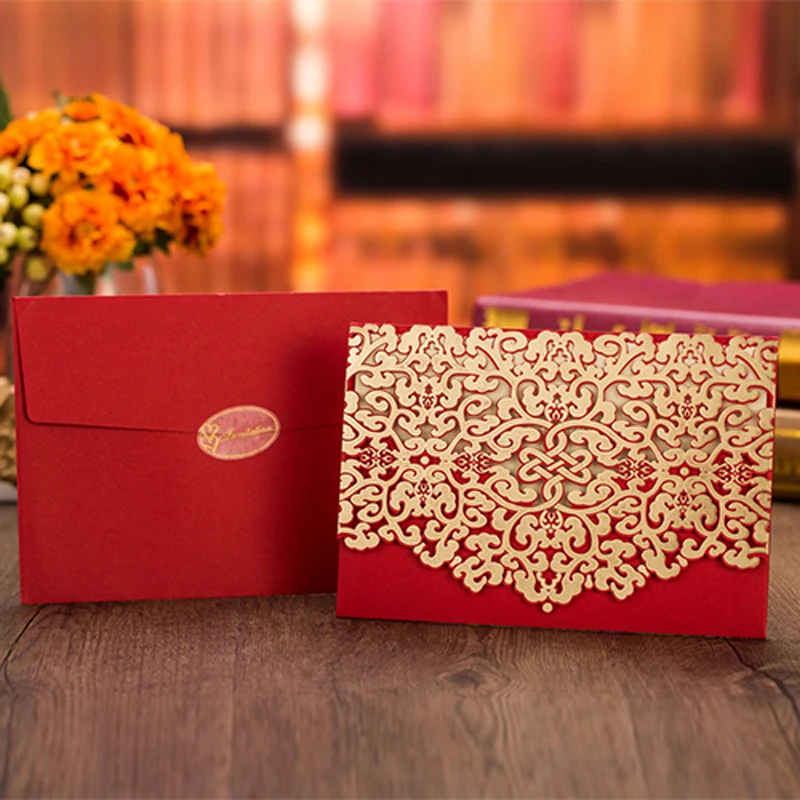 50pcs Red Luxury Flora Hollow Marriage Wedding Invitations Cards Laser Cut 3D Card Greeting Postcard Event Party Supplies | Дом и сад