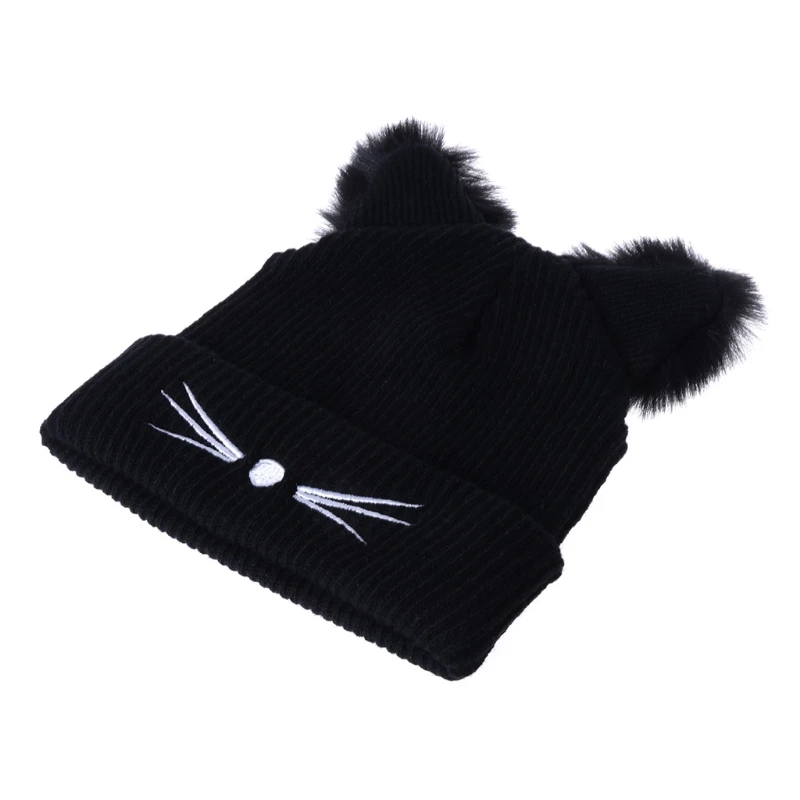

Hot Sale Cat Ears Women Hat Knitted Acrylic Warm Winter Beanie Caps Crochet Fur