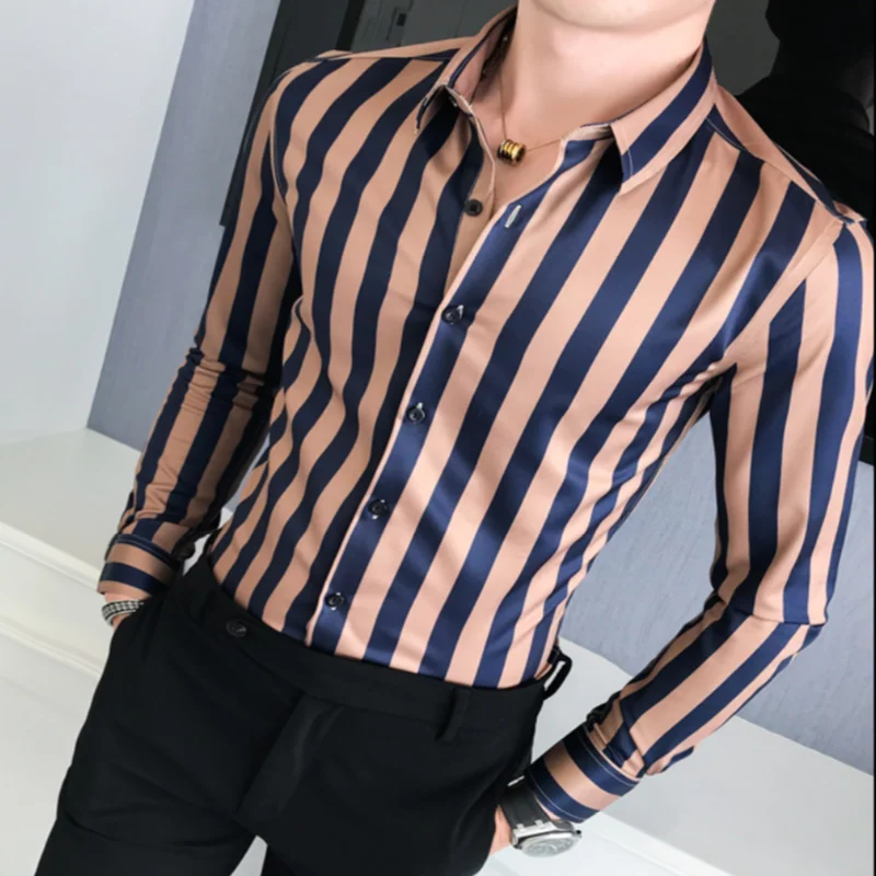 brown Hair stylist британская рубашка мужская с длинным рукавом Тонкая Корейская версия полосатой личности печати рубашки Slim Fit темперамент рубашки - Цвет: brown