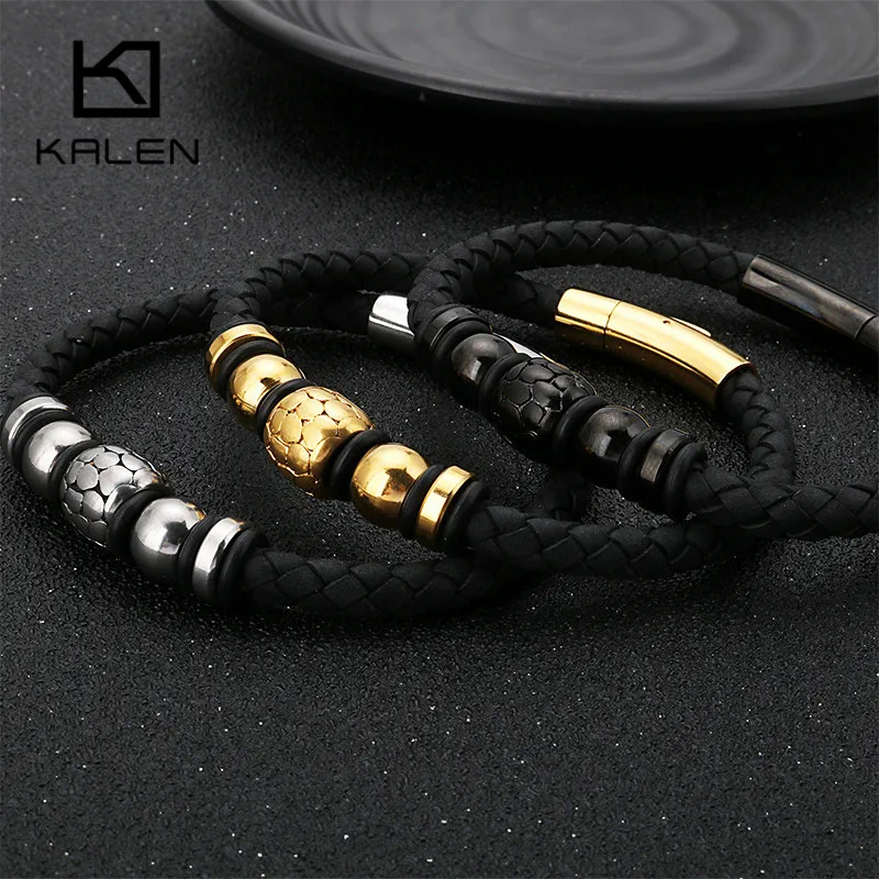 KALEN Boho Genuine Braied Leather Wrap Bracelet Men 21.5cm Stainless Steel Gold Black Beads Charm Wristband Male Jewelry | Украшения и