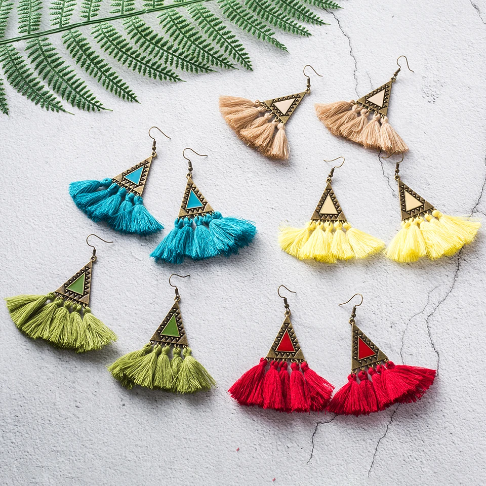 Новинка 2019 Яркие длинные серьги-подвески в этническом стиле с бахромой и