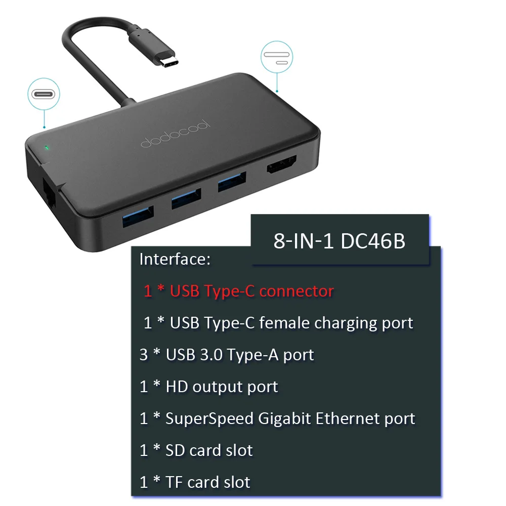 8 in 1 DC46B Dodocool usb концентратор usb 3,0 концентратор type c usb c концентратор с HDMI адаптер док-станция для macbook pro Аксессуары USB-C 3,1 сплиттер - Цвет: 8 in 1 DC46B