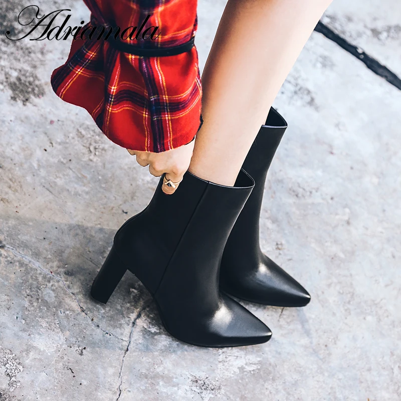 2018 Genuine Leather Ladies High Heel Boots Mid-calf Zip Pointed Toe Round Heels Cow For Women Adriamala | Обувь