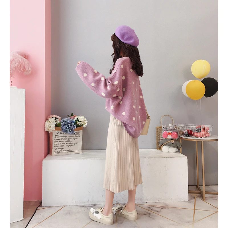 Fall &amp Winter Women Vintage Loose Wool Dot Sweater Tops Knitted Shirt Ladies Oversize Long Sleeve Short Middle Outwear | Женская