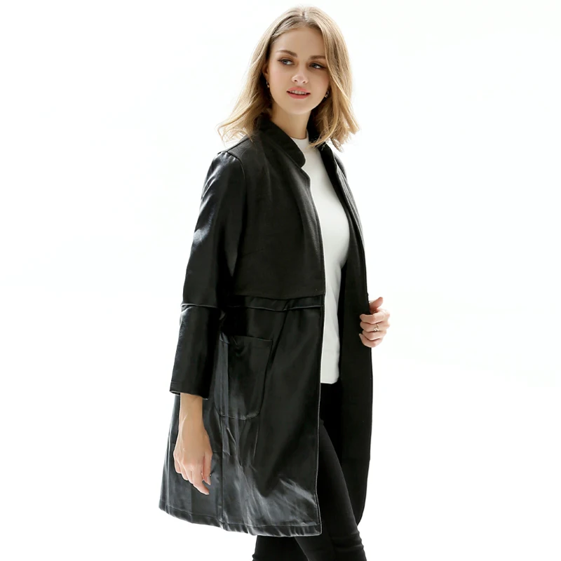 Новинка Весна 2018 женская классическая черная длинная облегающая куртка большого