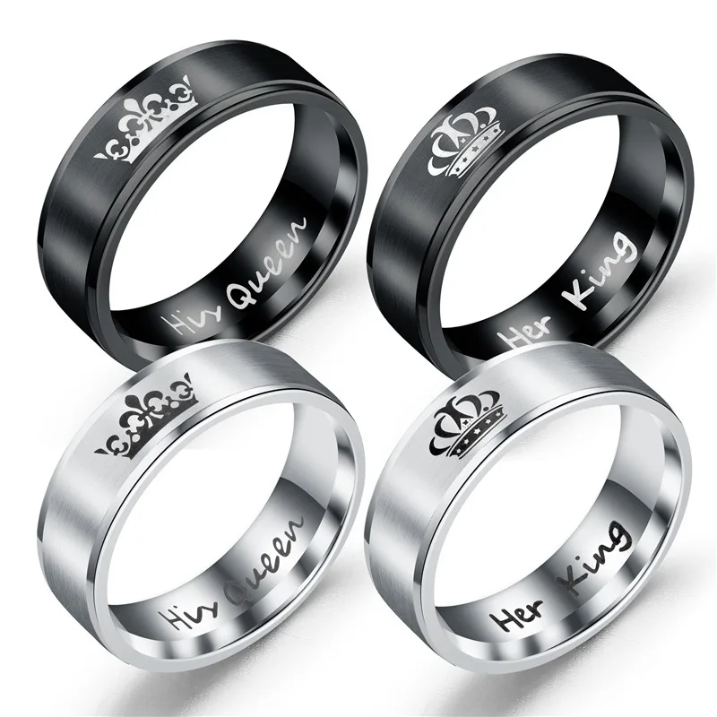 Fashion Stainless Steel Couple Rings Black Crown Her King His Queen Couple Jewelry Anniversary Valentine's Day Gifts