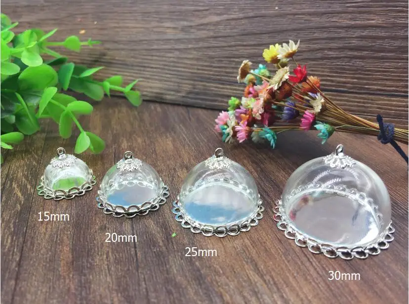

50sets 15/20/25/30mm Transparent half round glass globes silver plated filigree crown double lace edge base tray lace metal cap