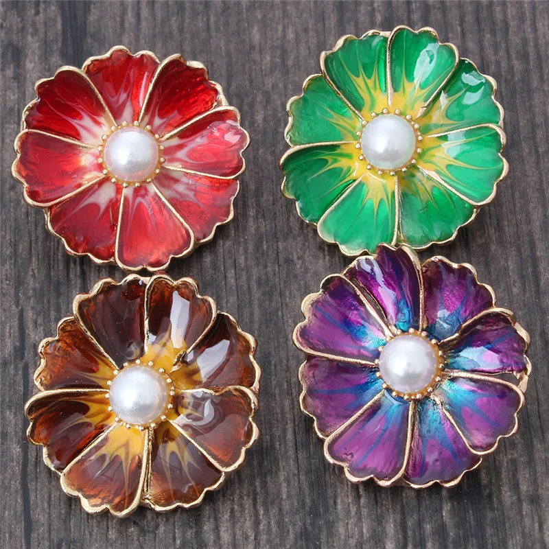 4 Color Enamel 5 Petals Flower Snap Button Rhinestone Metal 18mm Charms For Bracelet Necklace femme Jewelry | Украшения и
