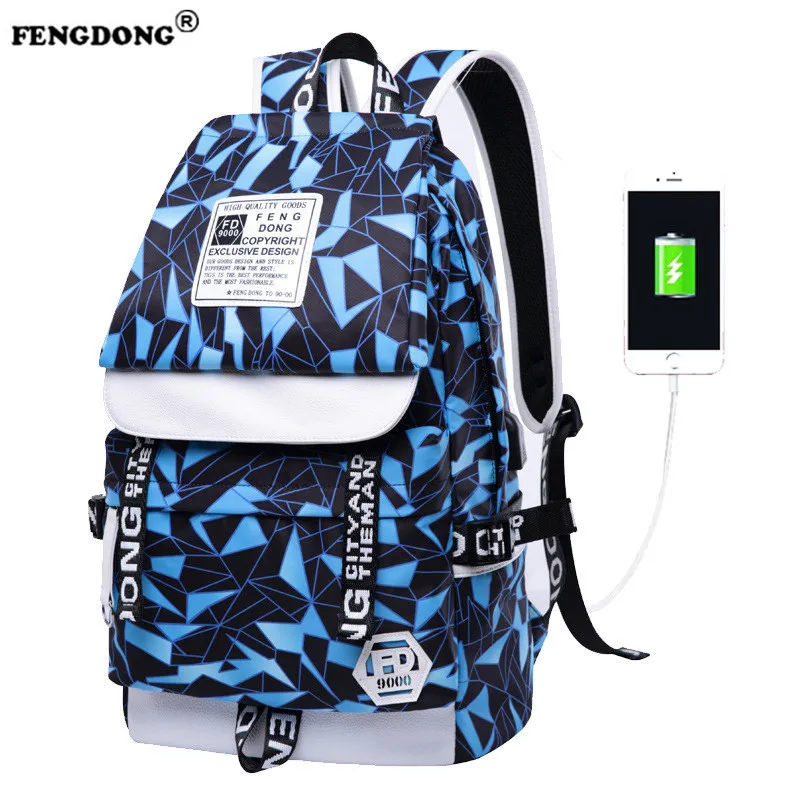 Fengdong Brand Design 2018 Fashion Backpacks Waterproof Nylon Women Backpack Female Geometric for Teenage Girls | Багаж и сумки