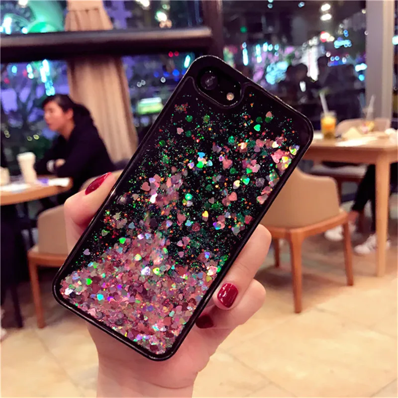 For iPhone 6 6S 7 8 Plus Case Glitter Bling Liquid Love Heart Quicksand Black for X XR XS MAX Soft Silicon |