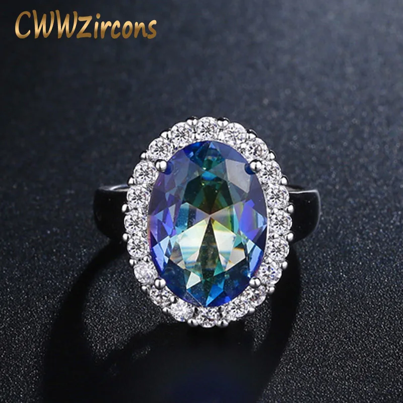 CWWZircons Высокое качество большой светильник овальной огранки синий мистический Радуга огненный Кристалл обручальное кольцо ювелирные изделия для женщин R100