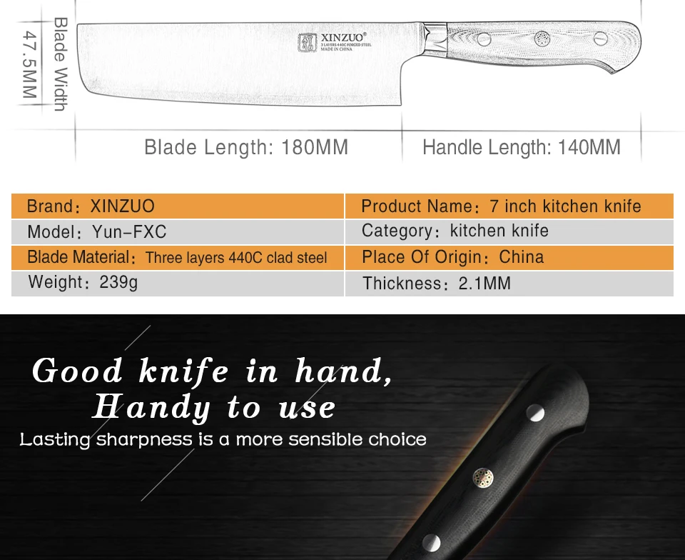 XINZUO 7 ''ножи накири 3 слоя 440C Core Плакированные стальные китайские кухонные ножи из нержавеющей стали нож для овощей G10 Ручка