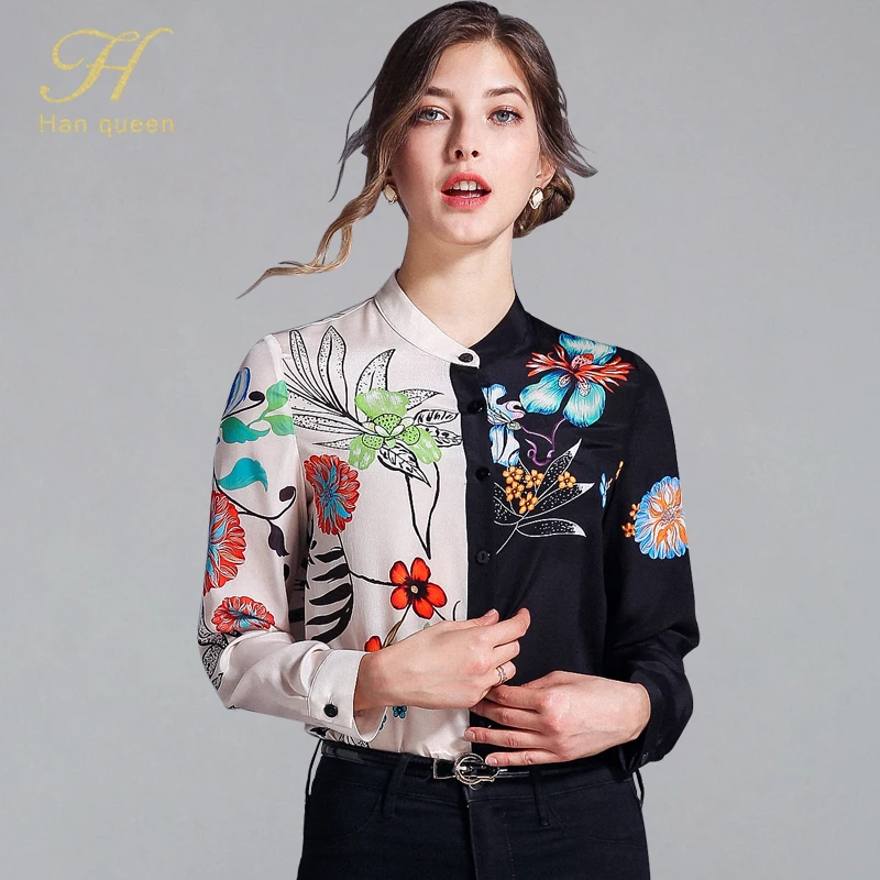 H Han Queen Patchwork Printed Contrast Color Shirts Women Summer Full Sleeve Blouses Vintage Stand Collar Work Wear Vestido