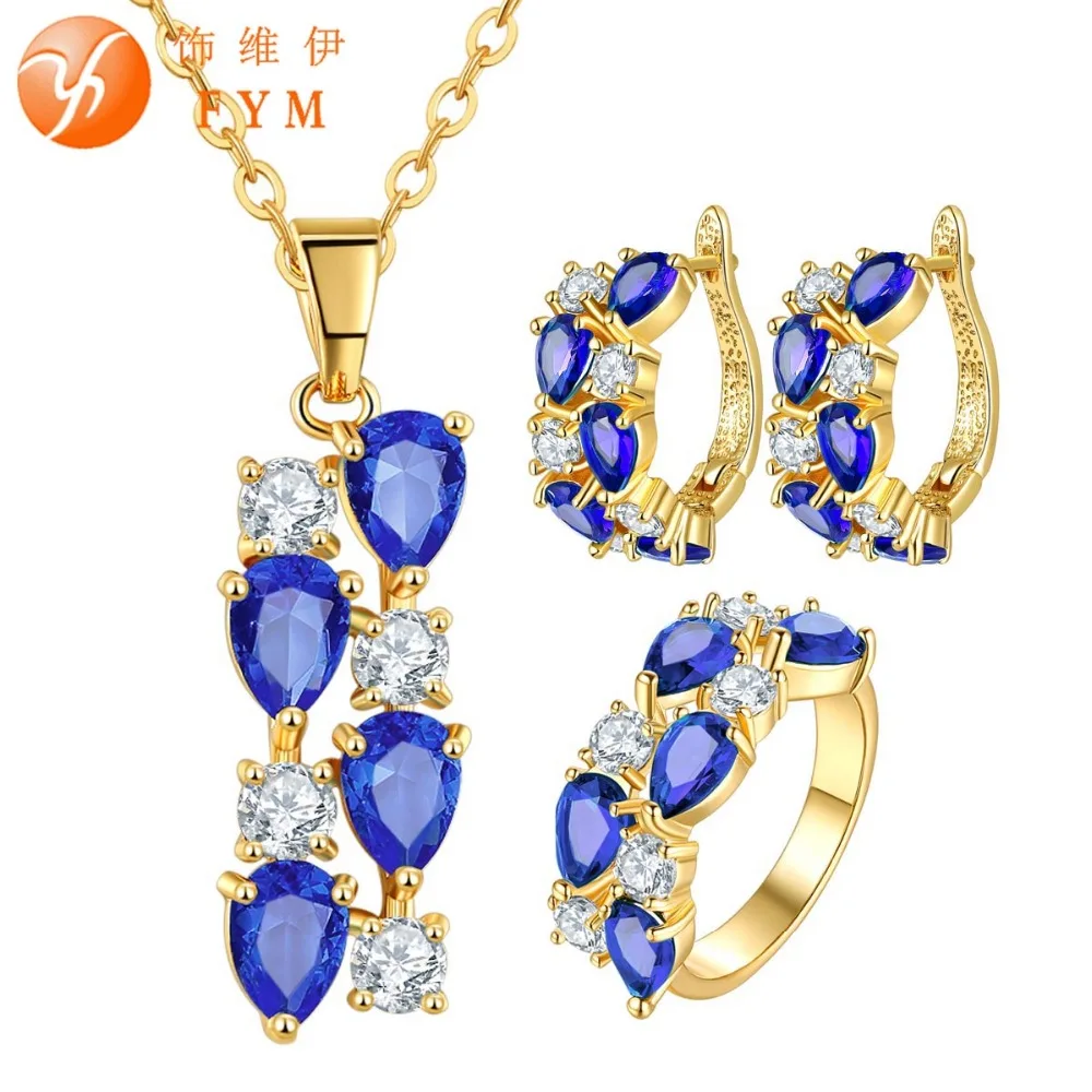 

FYM Brand Bridal Jewelry Sets Blue Water Drop Crystal Zirconia Hoop Earings Rings Necklace Wedding & Engagement Jewelry