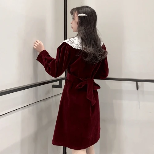 Korean Chic Preppy Style Vintage Gold Velvet Women Dress Lace Peter Pan Collar Full Sleeve Pearl Button Kawaii Dresses Woman | Женская